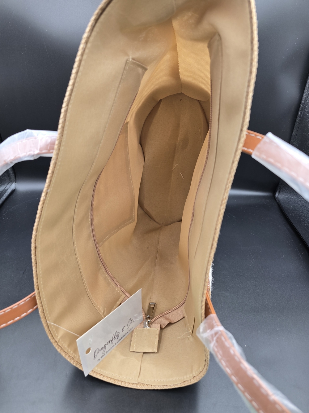 Braided Straw Shoulder Tote Bag in Tan and Cream - Picture 6 of 8